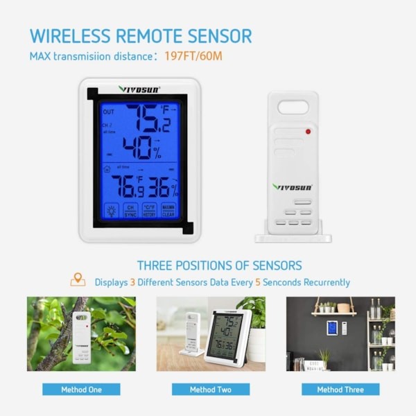 Wireless Thermometer and Hygrometer with 3 Remote Sensors